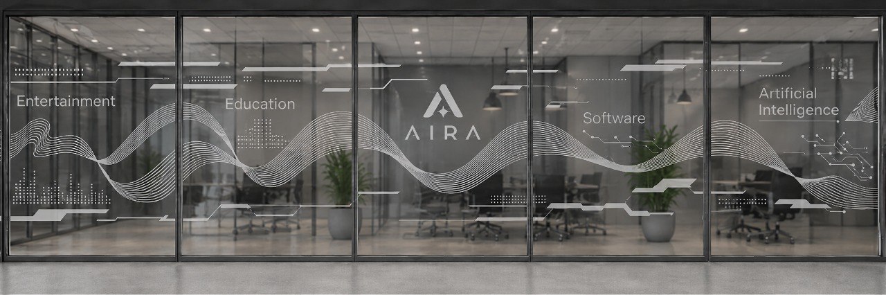 Aira workspace at Innovation Factory, with Aira signage and flowing wave graphics across its glass facade